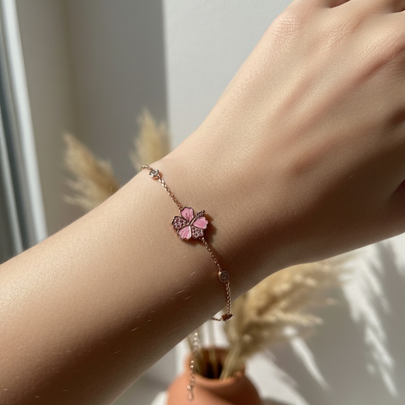 Pink Clover Enamel Diamond Bracelet