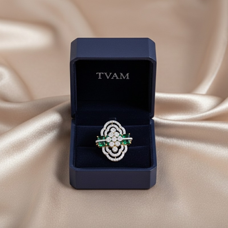 Emerald Scallop Diamond Ring