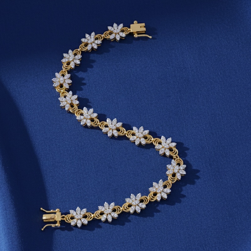 Yellow Gold Flower Diamond Line Bracelet