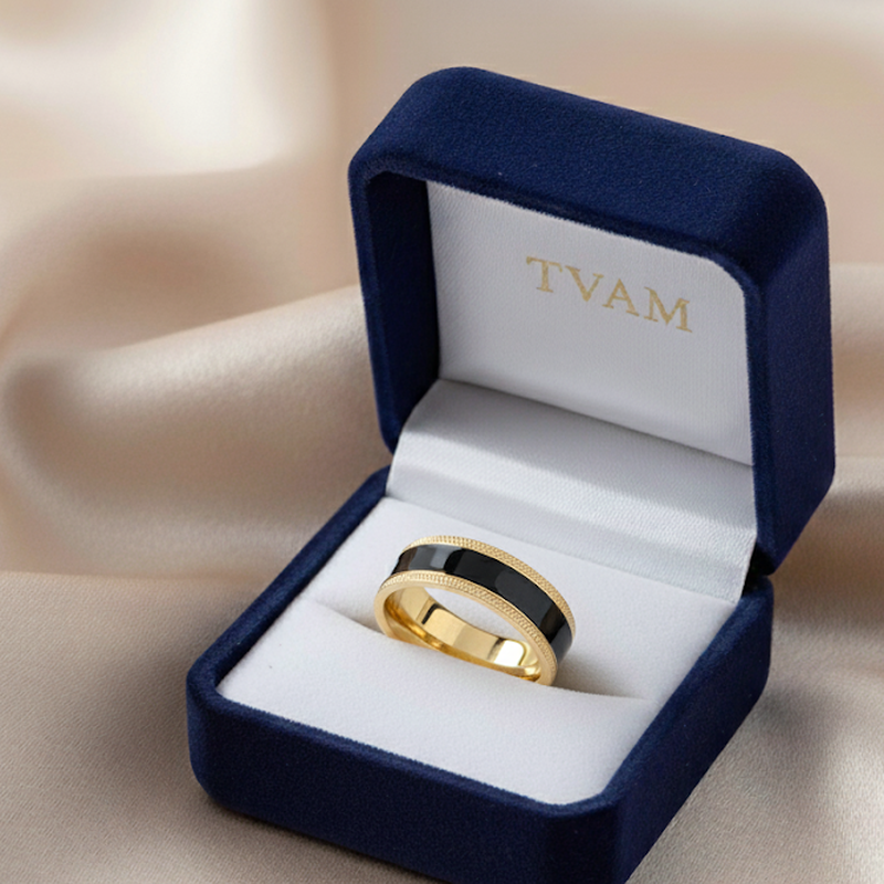 Yellow Gold Black Enamel Striped Band