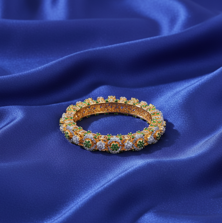 Emerald & Diamond Floral Cluster Bangle