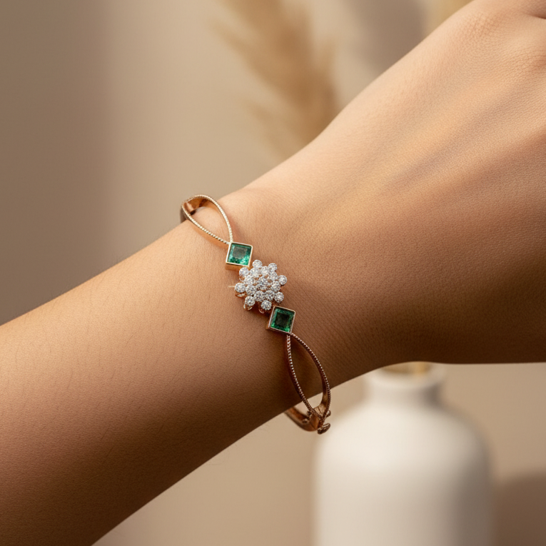 Emerald & Diamond Snowflake Flex Bangle