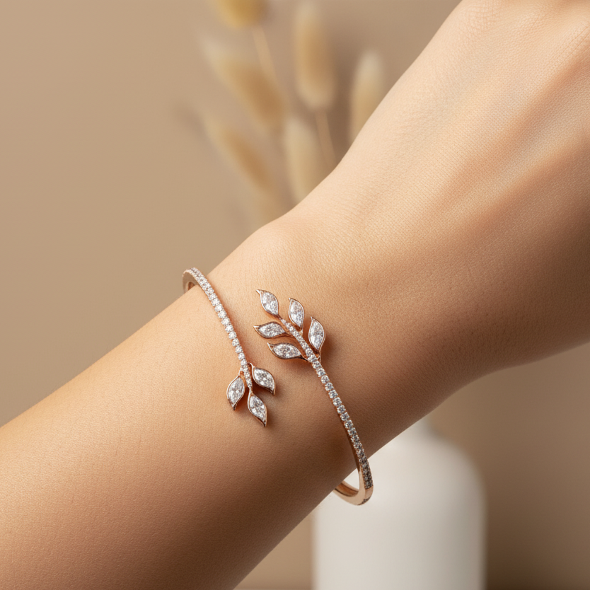 Marquise Leaf Spray Open Cuff Bangle