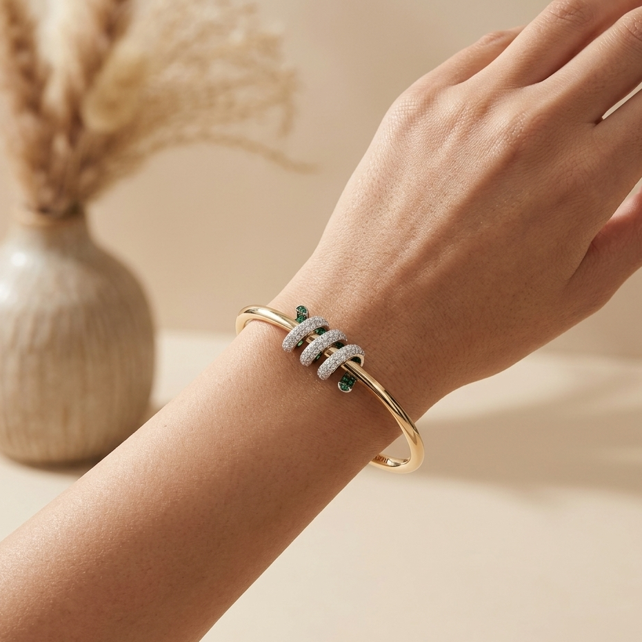 Triple Pav? Ring Emerald Accent Bangle