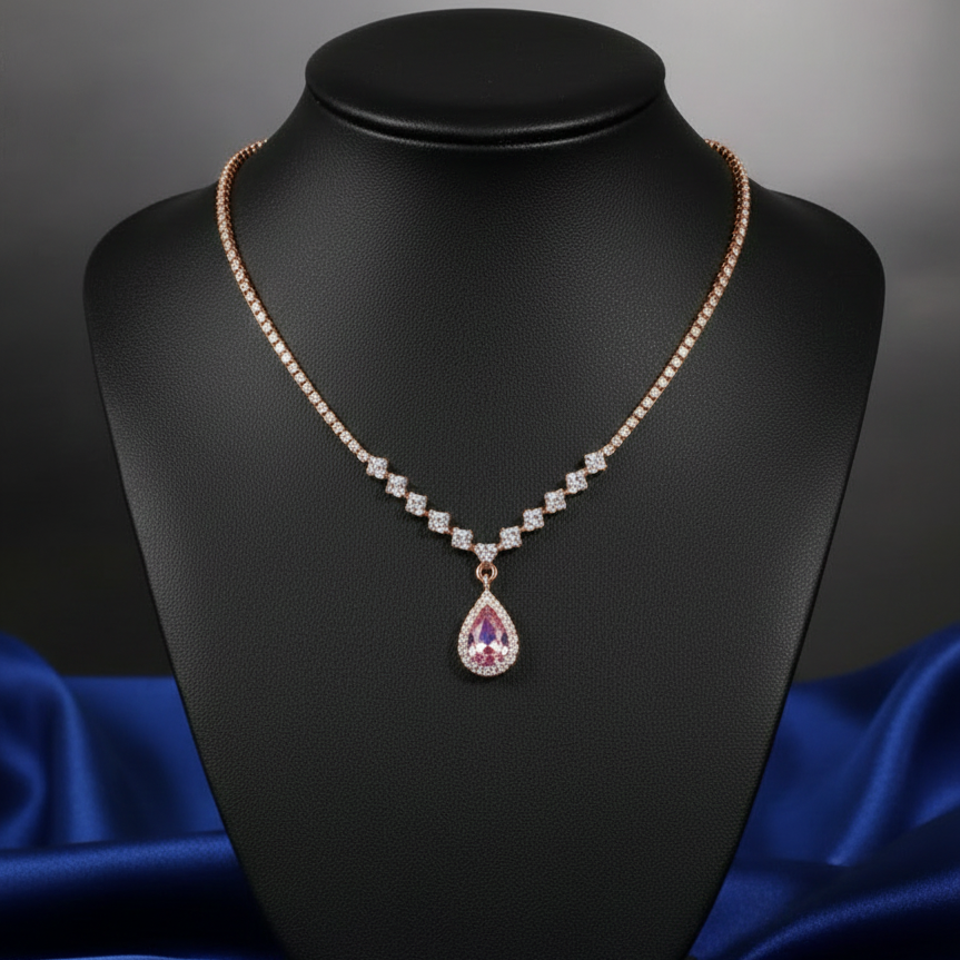 Pink Pear Halo Tennis Pendant Necklace