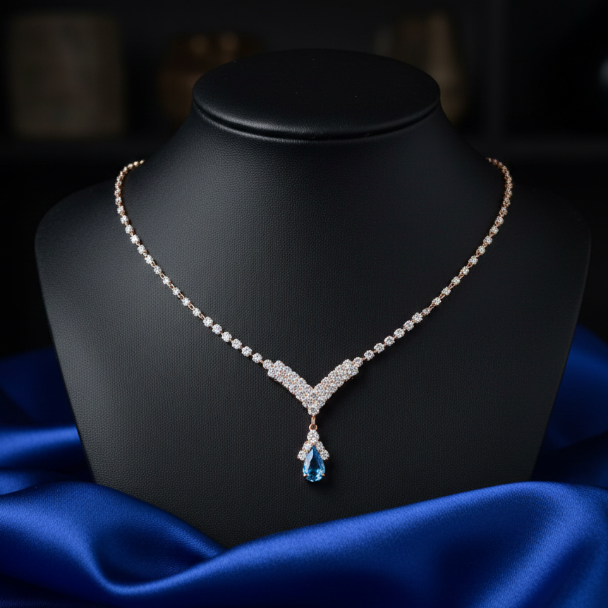 Aquamarine Pear Drop V-Chevron Tennis Necklace