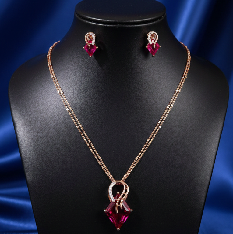 Ruby Square Ribbon Swirl Pendant Necklace Set