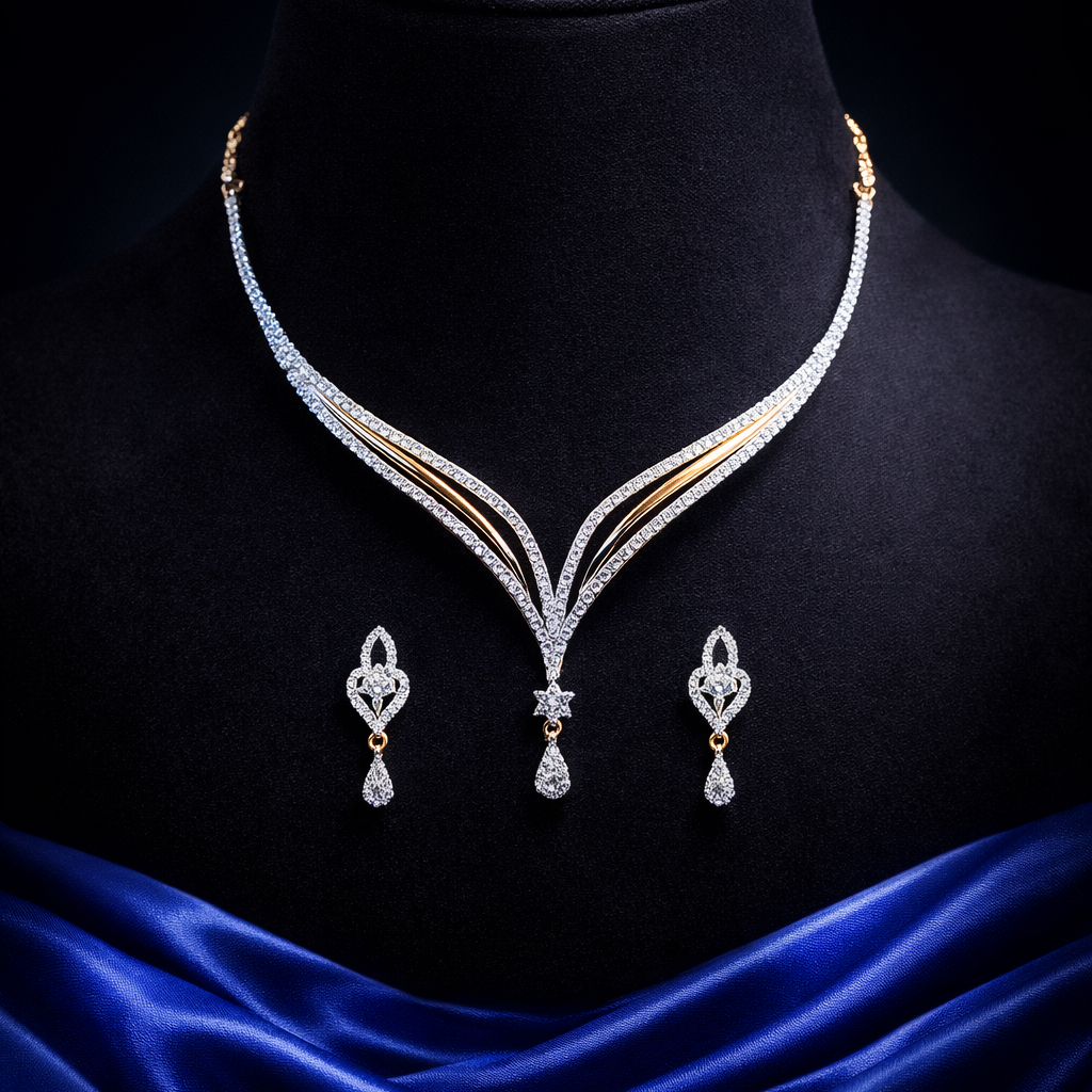 Two-Tone Triple Rail V-Necklace & Teardrop Set