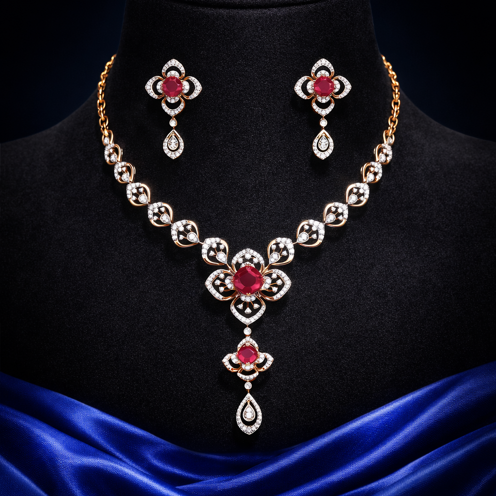 Ruby Cushion Floral Clover Necklace Set