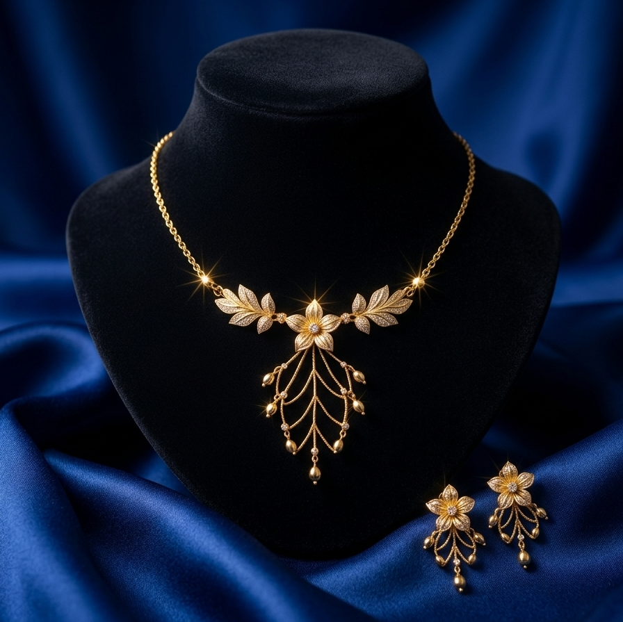 Gold Botanical Leaf & Flower Drop Necklace Set