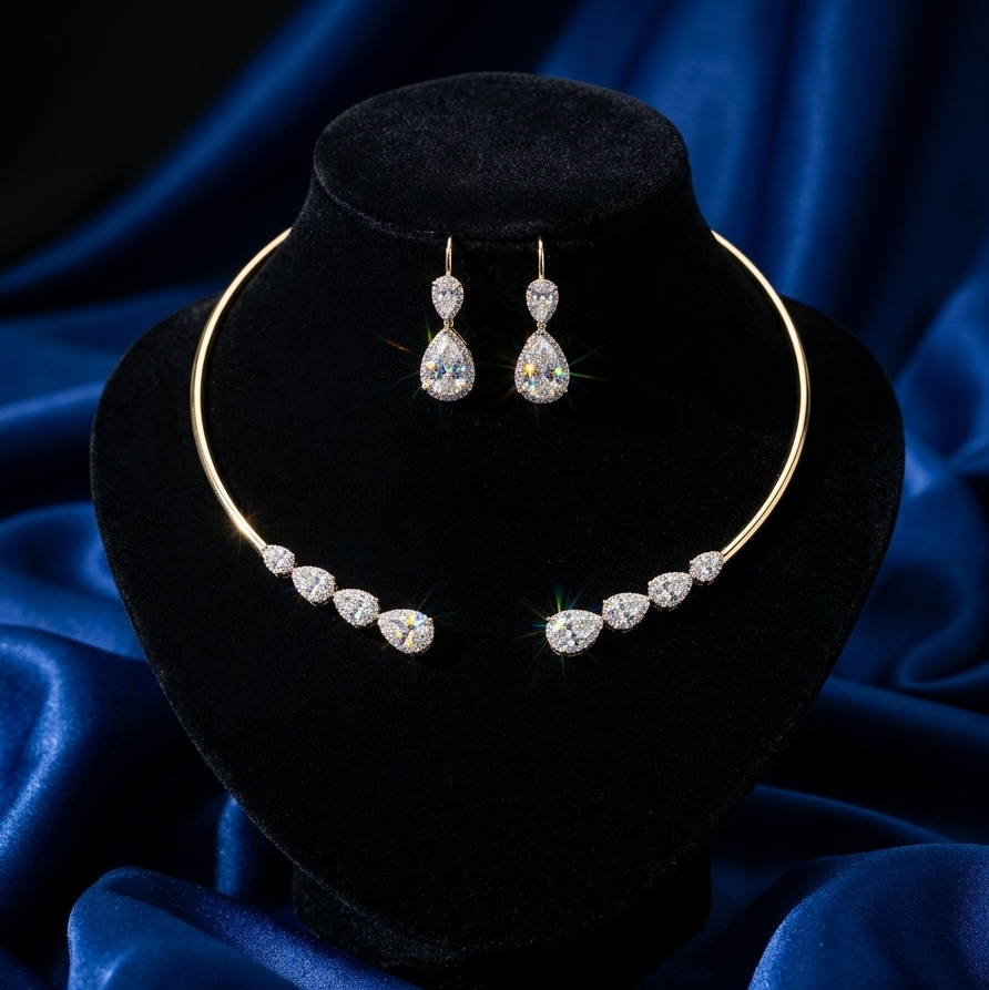 Pear Halo Torque Choker & Drop Earring Set