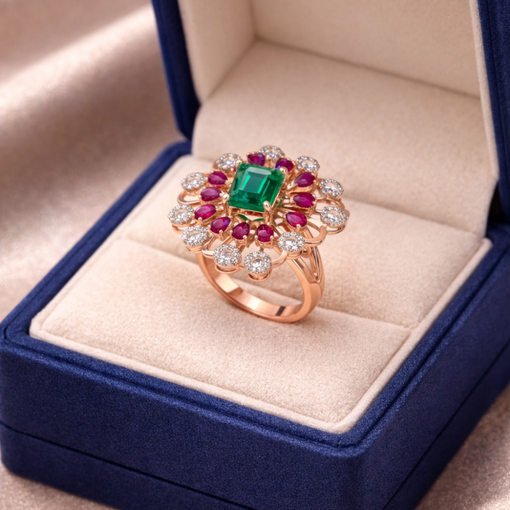 Emerald & Ruby Floral Burst Cocktail Ring