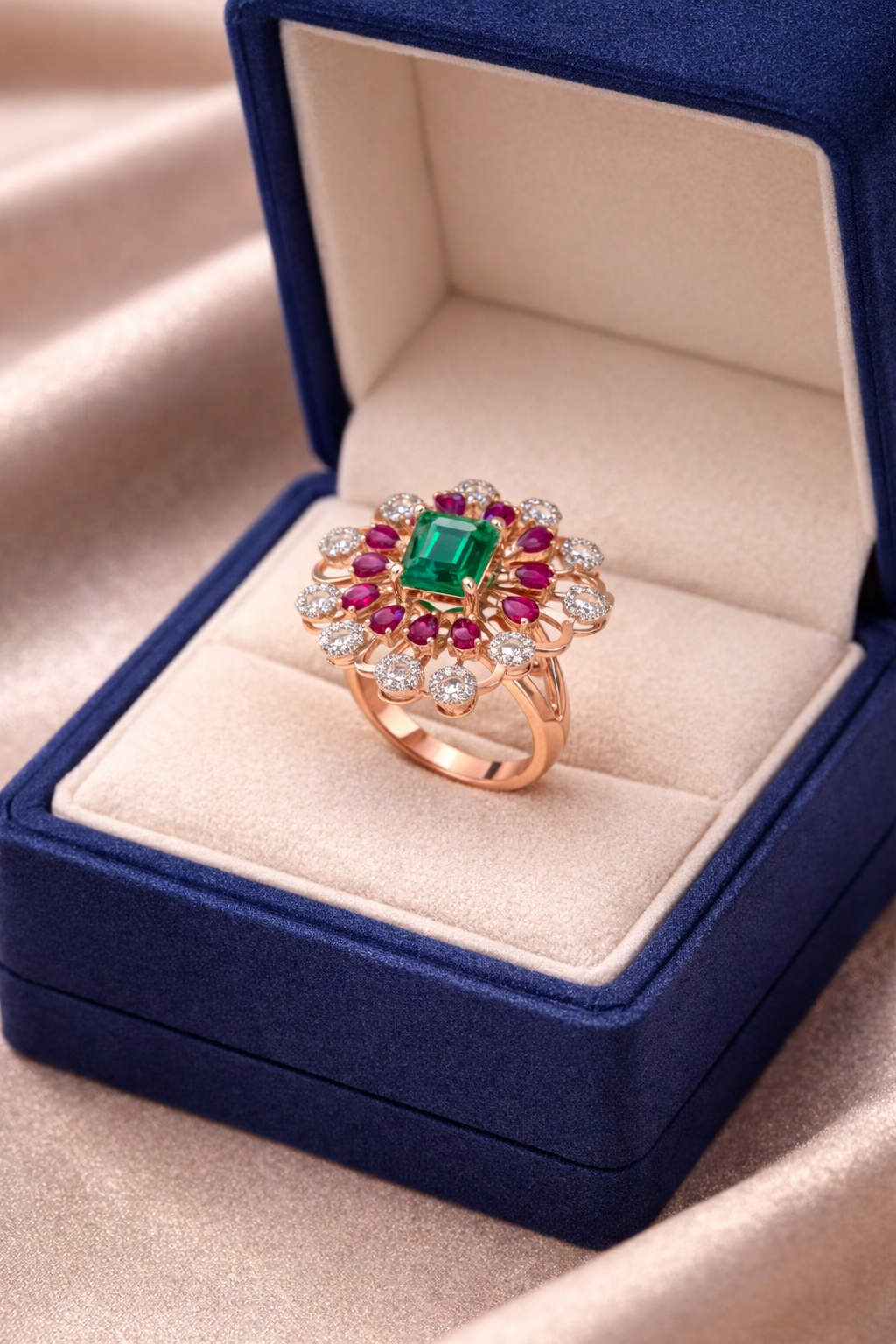 Emerald & Ruby Floral Burst Cocktail Ring