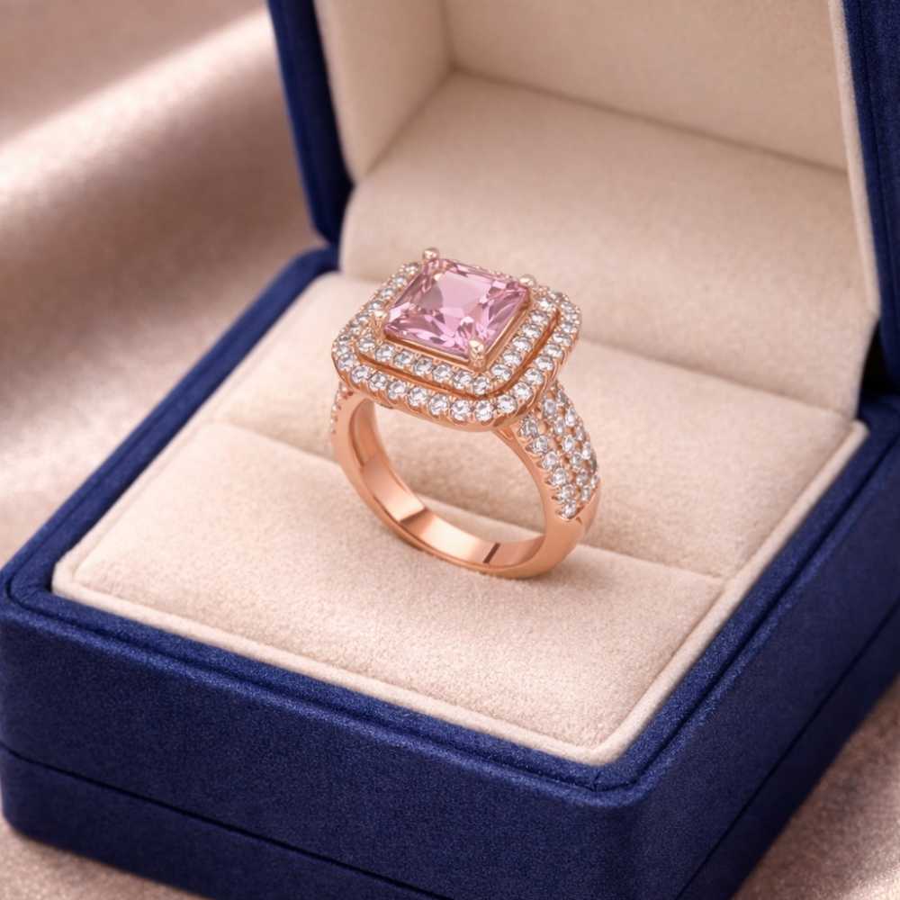 Pink Morganite Double Halo Solitaire Ring