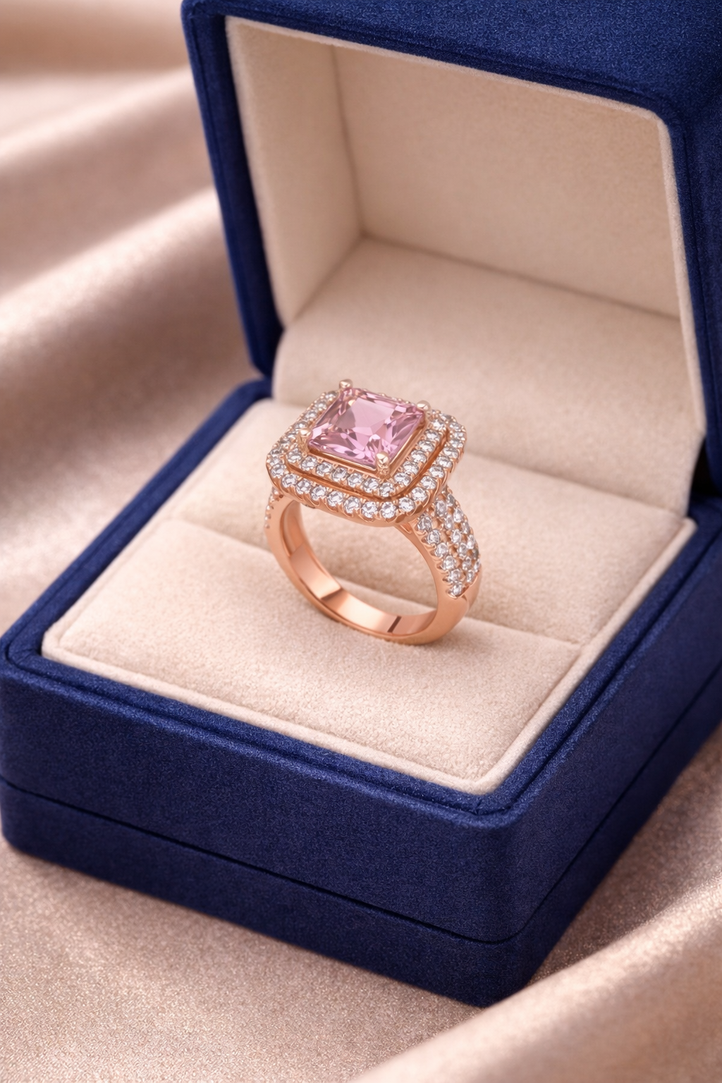 Pink Morganite Double Halo Solitaire Ring