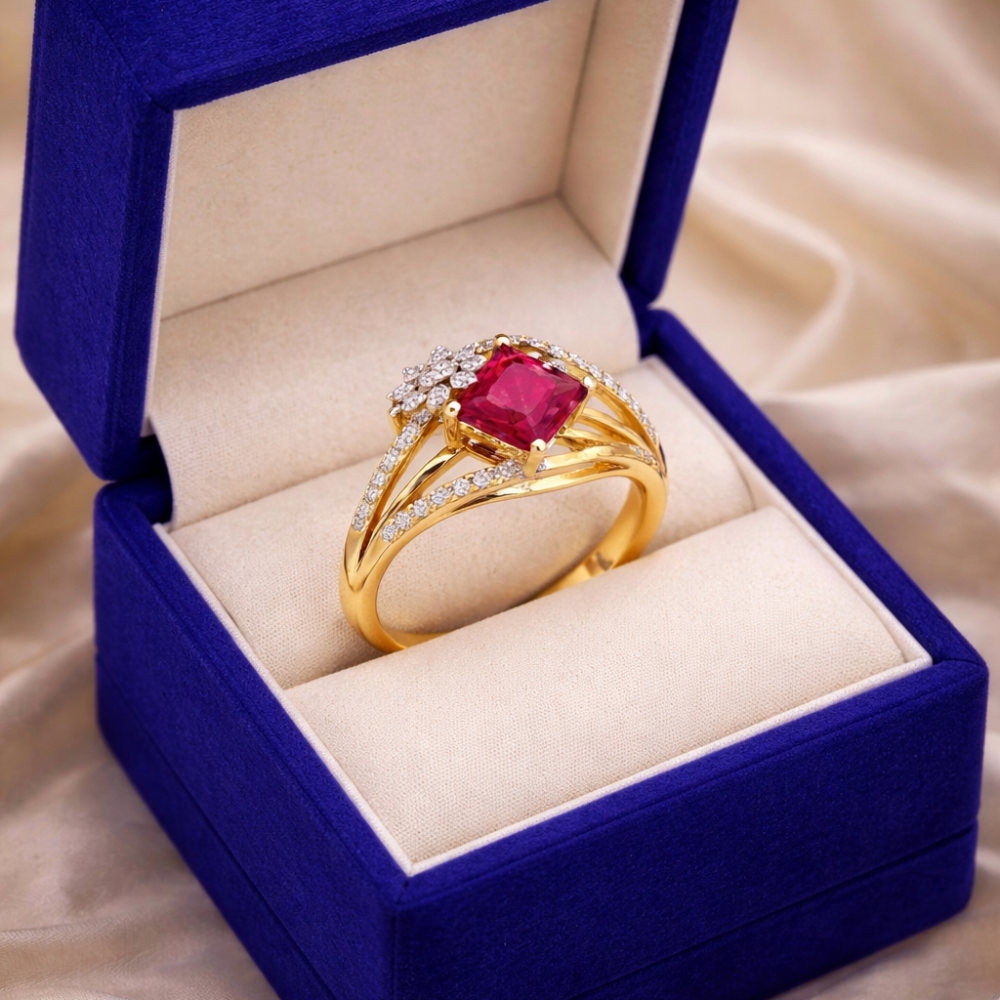 Ruby Princess-Cut Floral Split Shank Ring