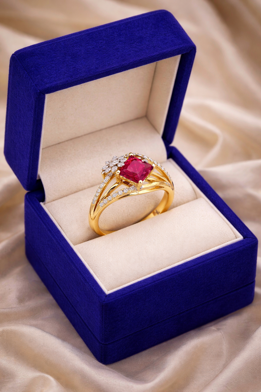 Ruby Princess-Cut Floral Split Shank Ring