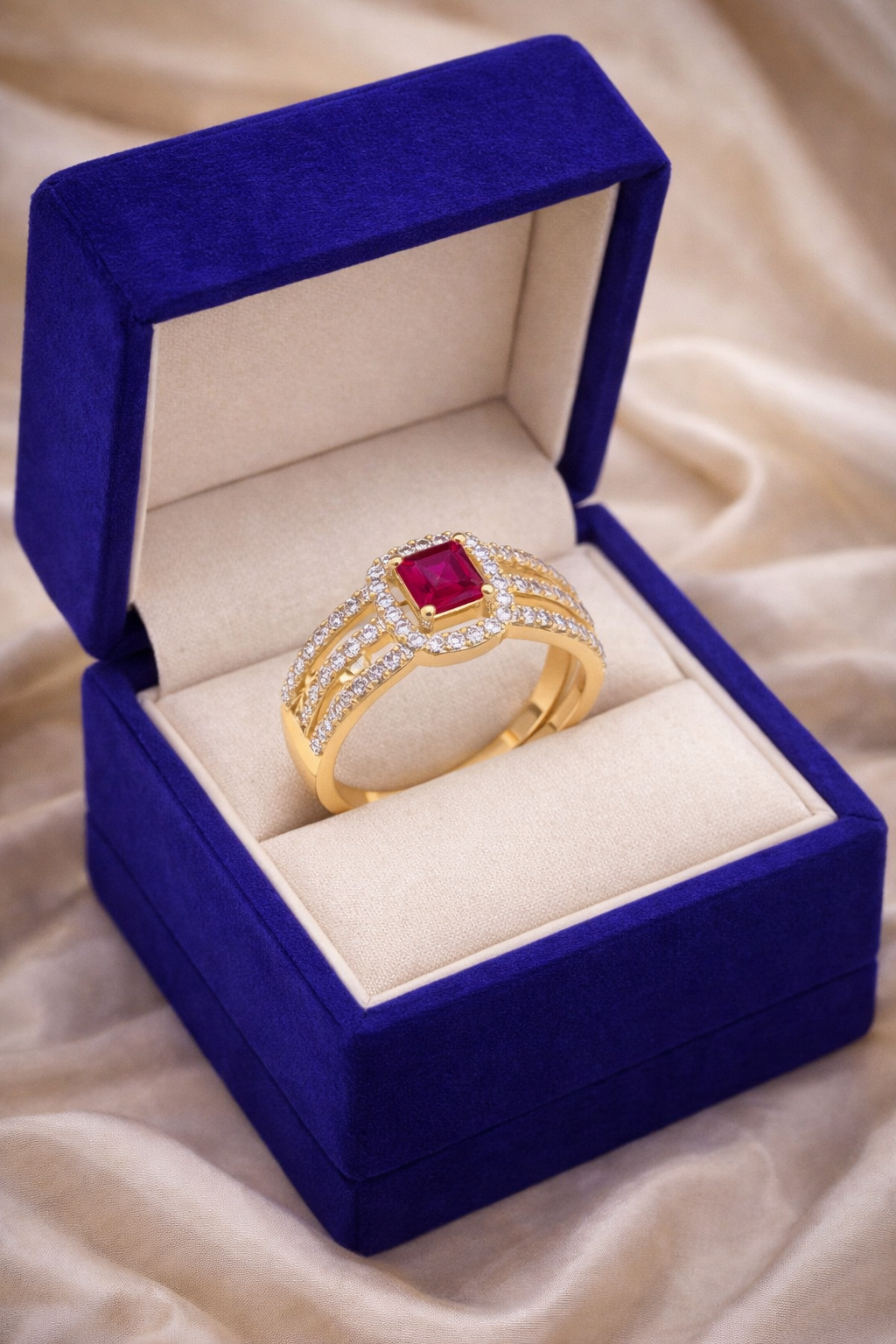 Ruby Emerald-Cut Triple Shank Halo Ring