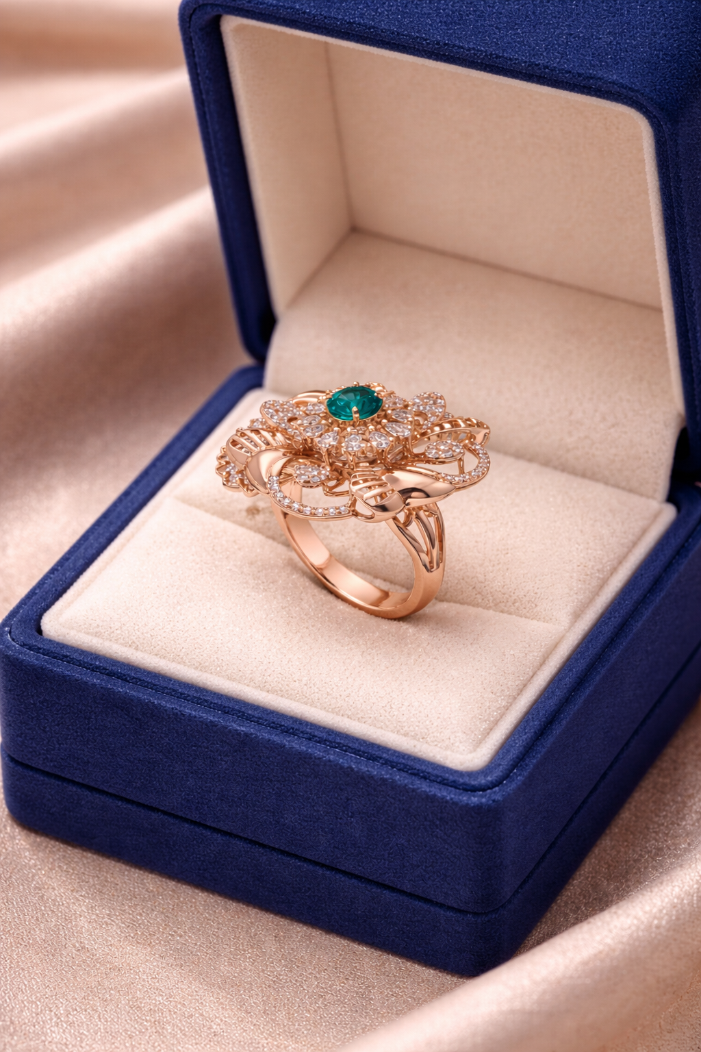 Emerald Centre Layered Floral Statement Ring