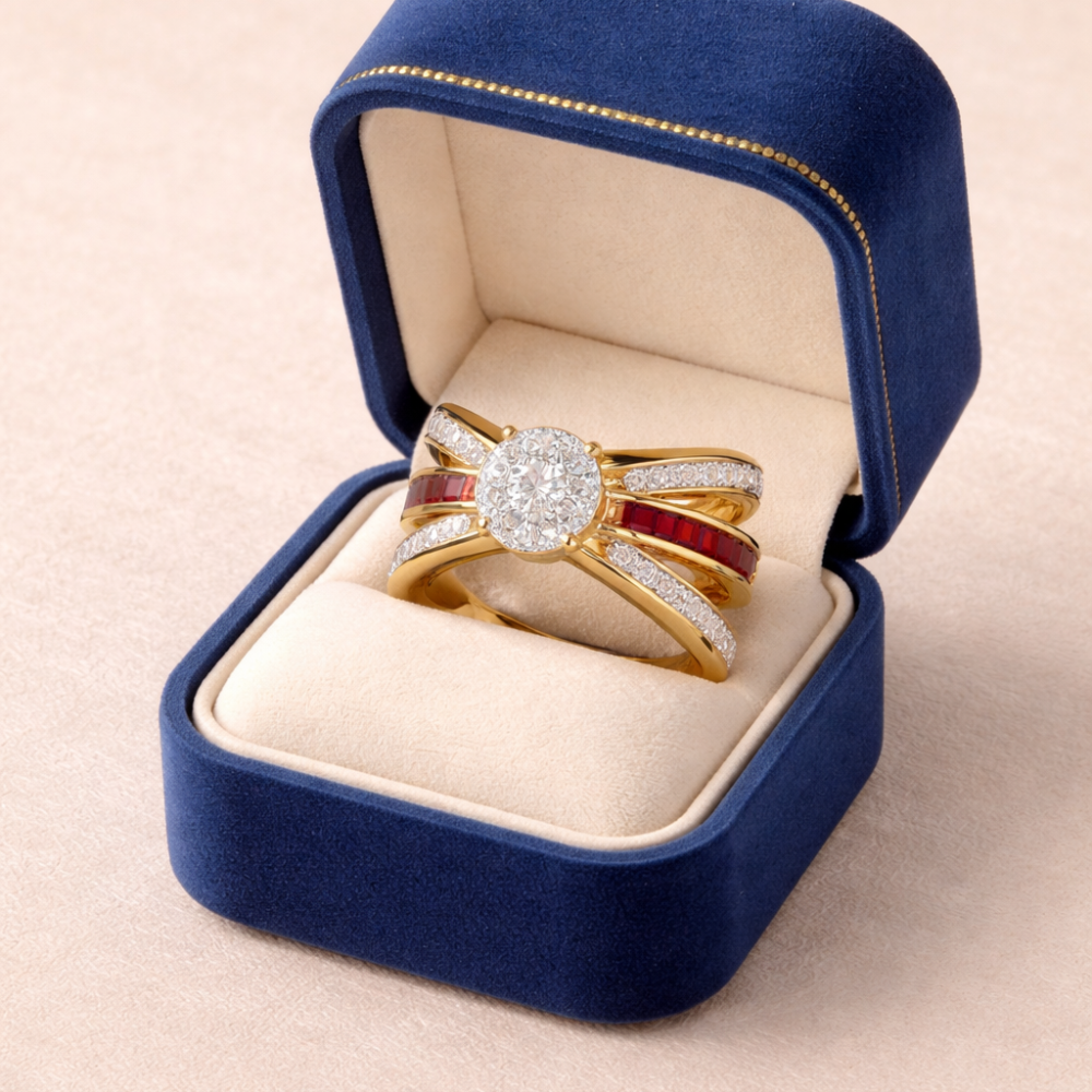 Ruby Baguette Crossover Halo Cluster Ring
