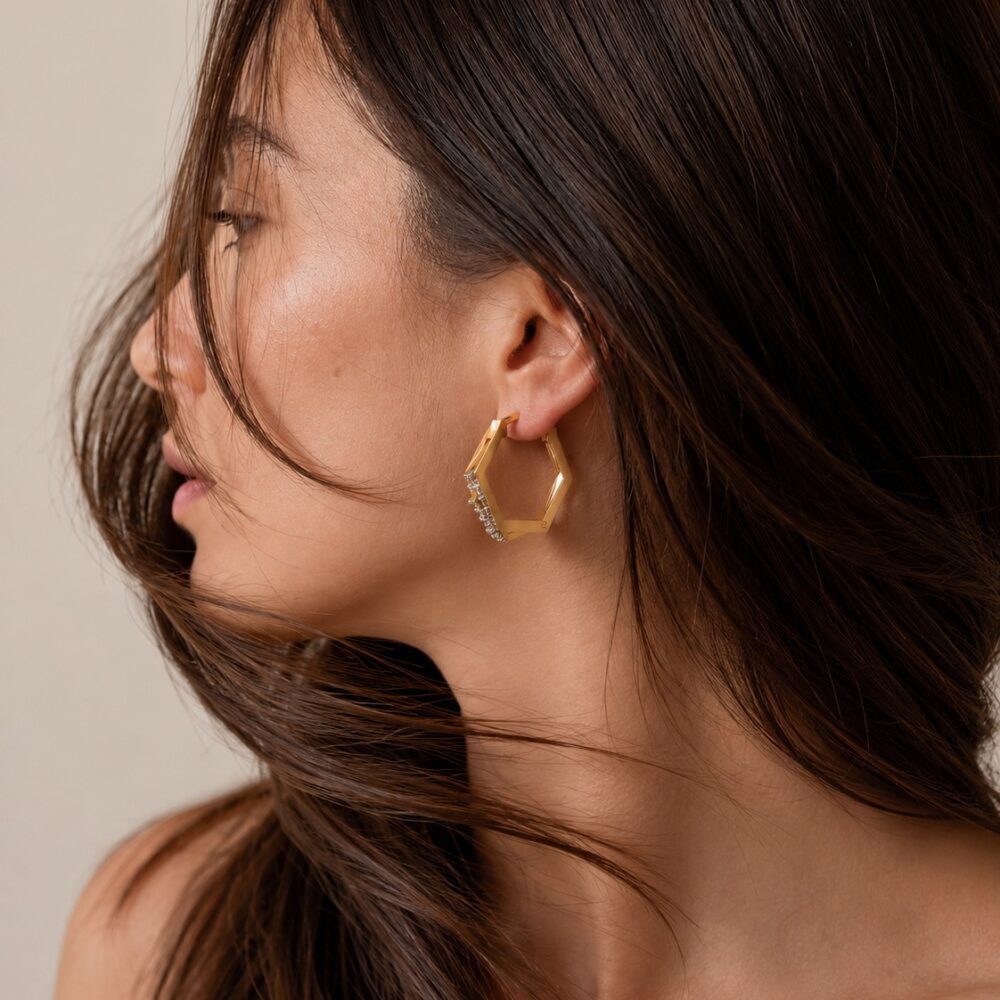 Gold Hexagon Pav? Hoop Earrings