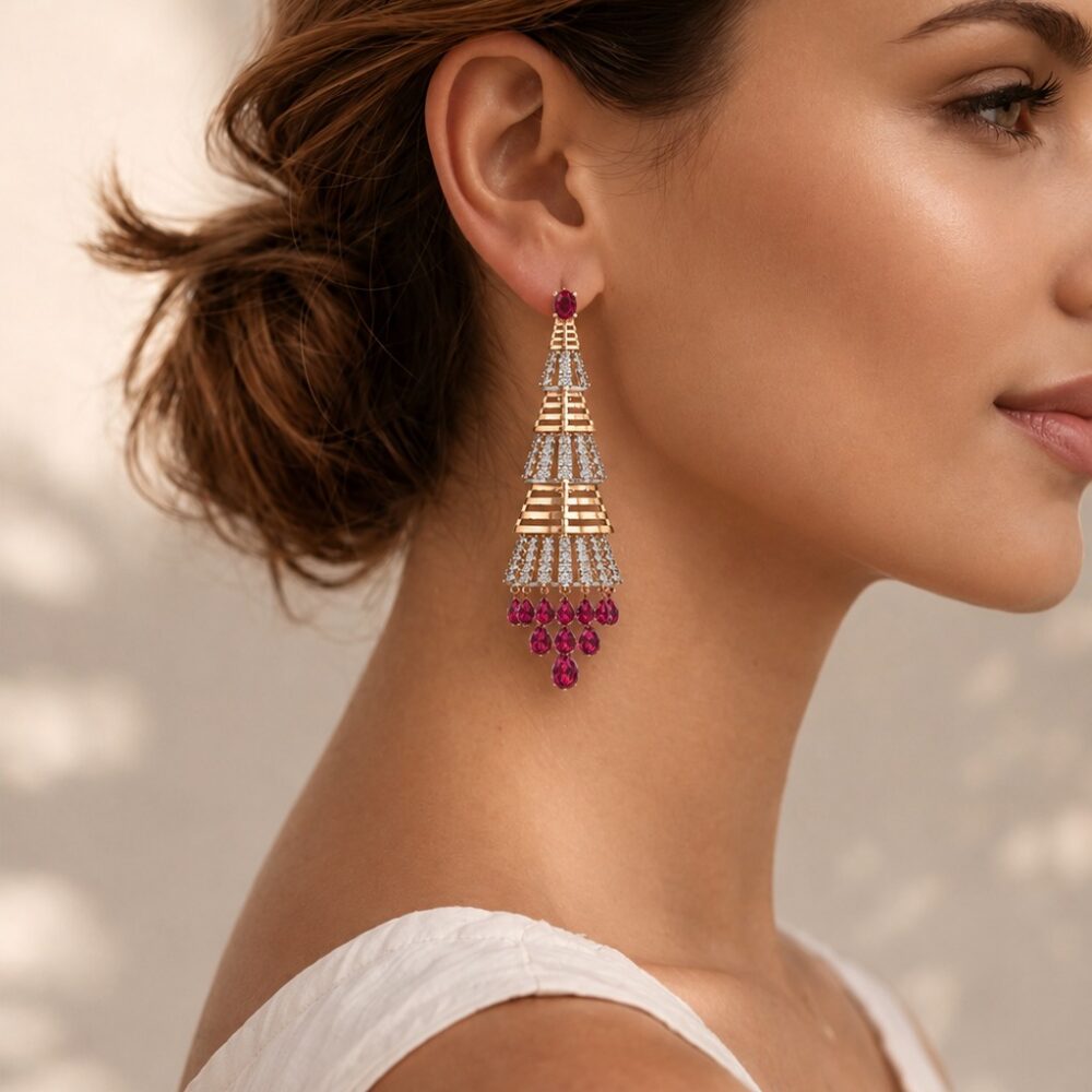 Ruby Tiered Cone Chandelier Earrings